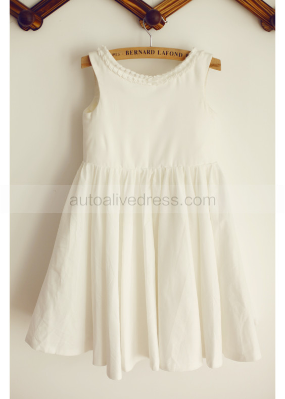 Ruffled Neck Ivory Cotton Knee Length Flower Girl Dress